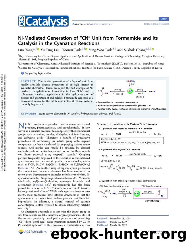 Ni-Mediated Generation of âCNâ Unit from Formamide and Its Catalysis in the Cyanation Reactions by Luo Yang Yu-Ting Liu Yoonsu Park Sung-Woo Park & Sukbok Chang