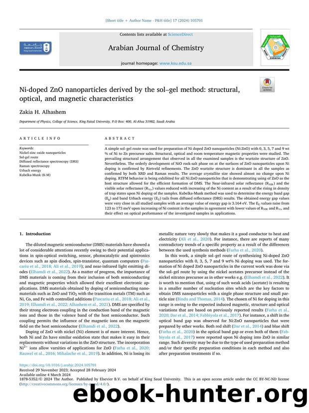 Ni-doped ZnO nanoparticles derived by the solâgel method: structural, optical, and magnetic characteristics by Zakia H. Alhashem