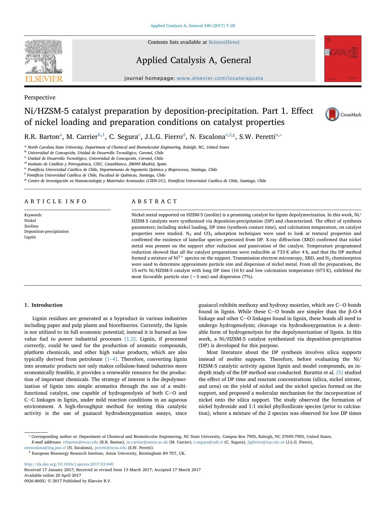 NiHZSM-5 catalyst preparation by deposition-precipitation. Part 1. Effect of nickel loading and preparation conditions on catalyst properties by R.R. Barton & M. Carrier & C. Segura & J.L.G. Fierro & N. Escalona & S.W. Peretti