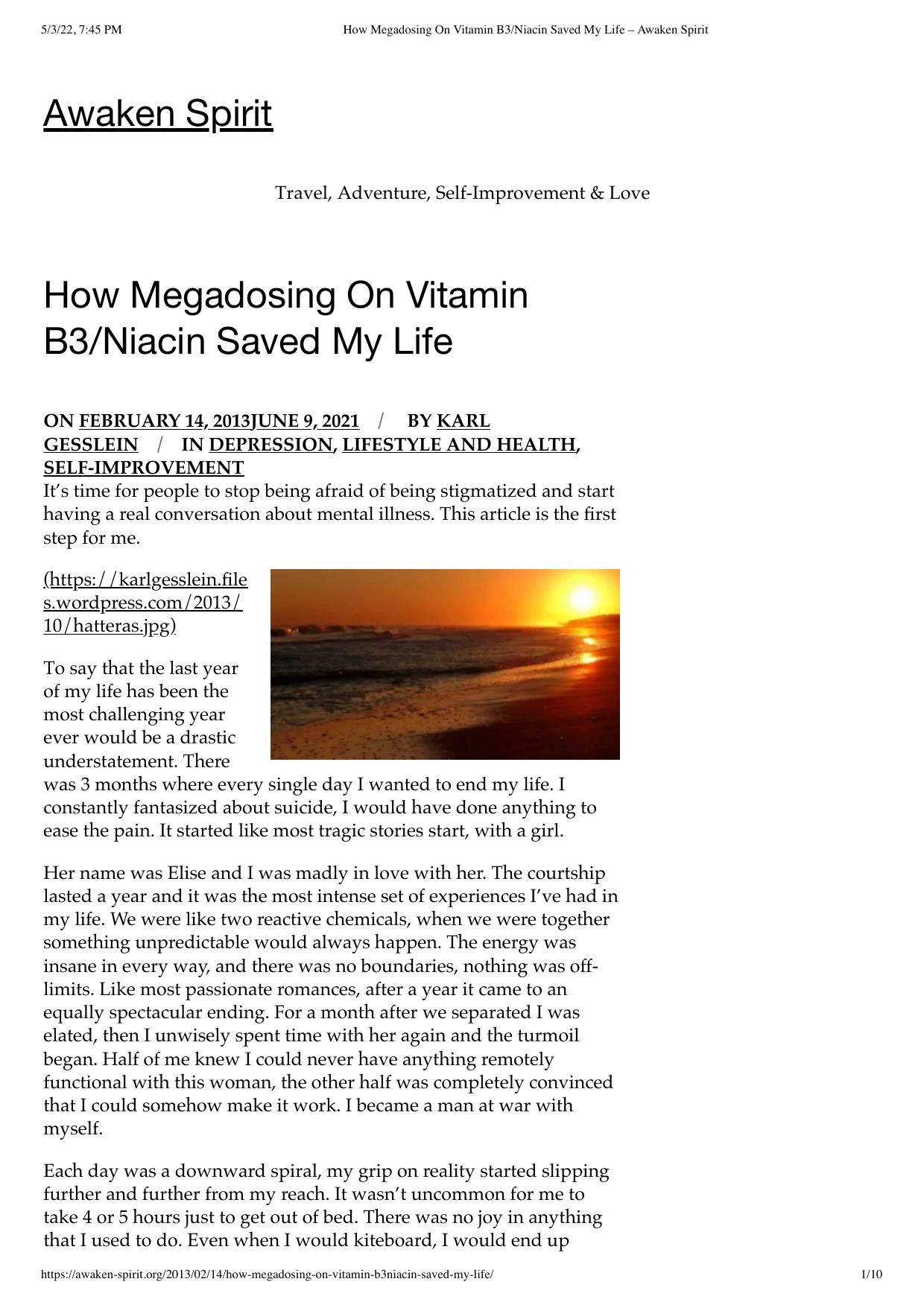 Niacin (Vitamin B3) and Depression: How Megadosing On Vitamin B3 ( Niacin ) Saved My Life by KARL GESSLEIN Abram Hoffer MD PhD Andrew Saul PhD Linus Pauling Niacin