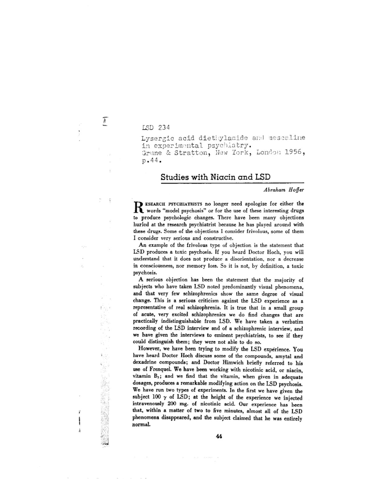 Niacin (Vitamin B3) and LSD by Abram Hoffer by Abram Hoffer Linus Pauling