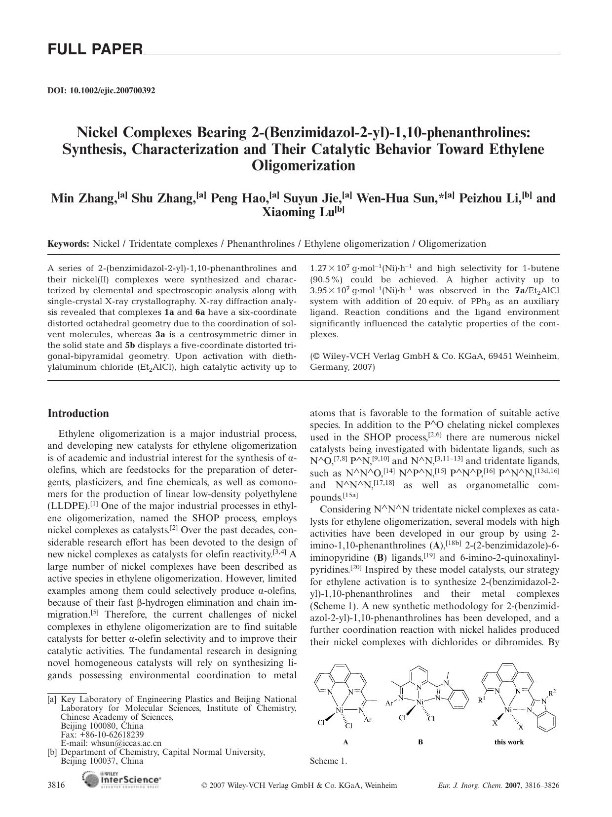 Nickel Complexes Bearing 2-(Benzimidazol-2-yl)-1,10-phenanthrolines: Synthesis, Characterization and Their Catalytic Behavior Toward Ethylene Oligomerization by Unknown