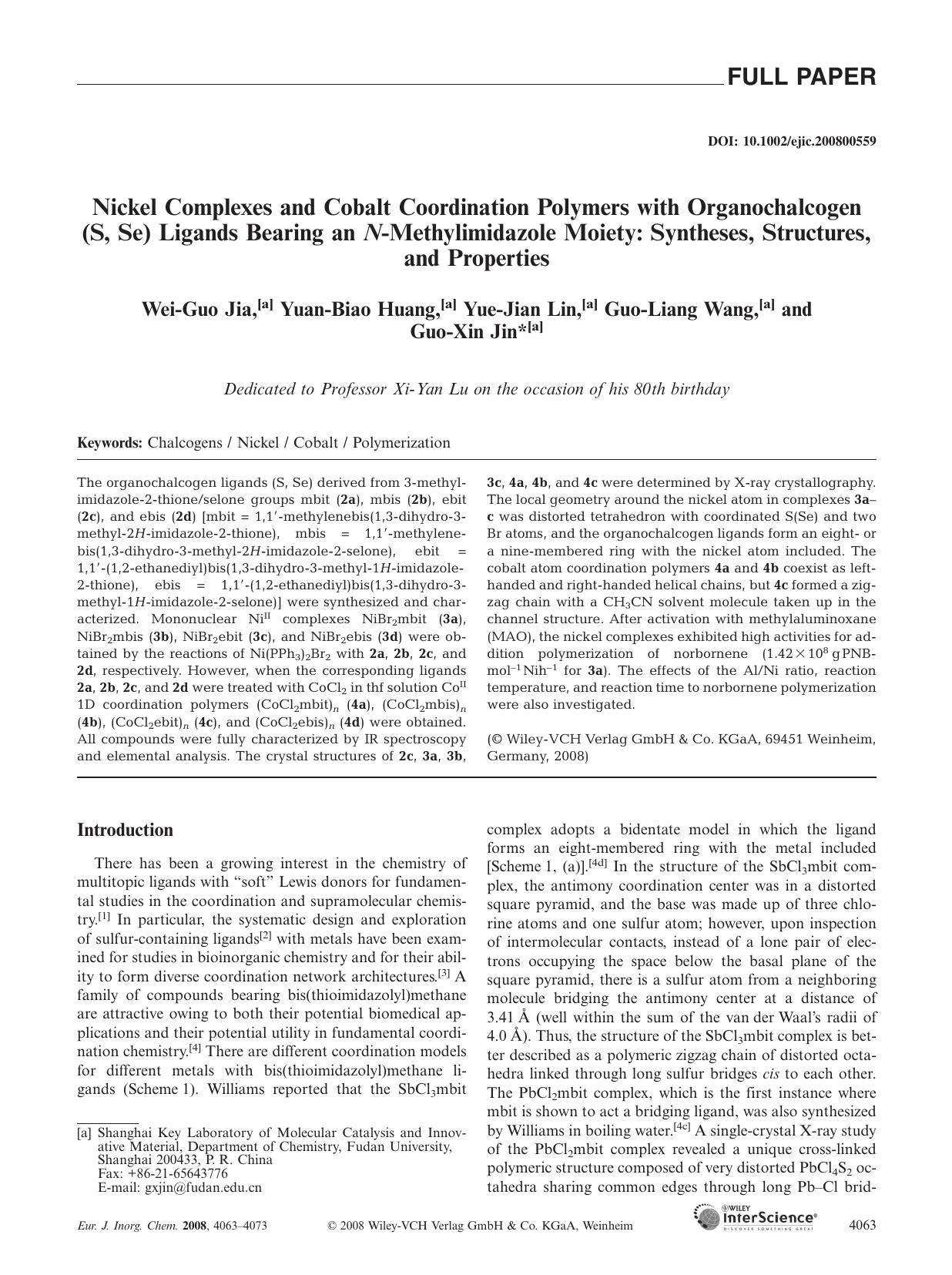 Nickel Complexes and Cobalt Coordination Polymers with Organochalcogen (S, Se) Ligands Bearing an N-Methylimidazole Moiety: Syntheses, Structures, and Properties by Unknown