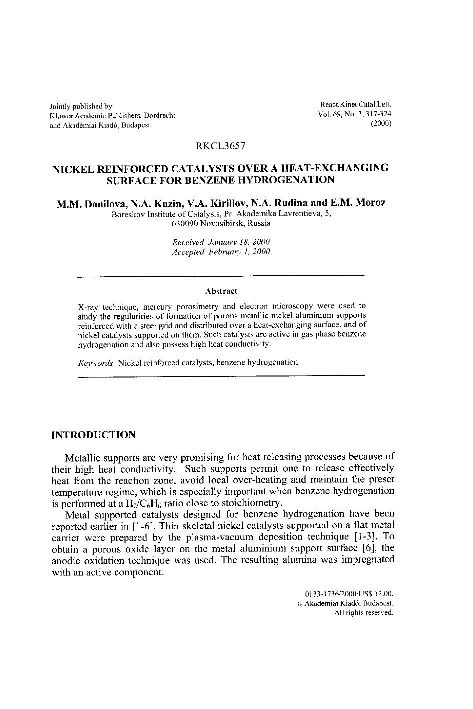 Nickel Reinforced Catalysts Over a Heat-Exchanging Surface for Benzene Hydrogenation by Unknown