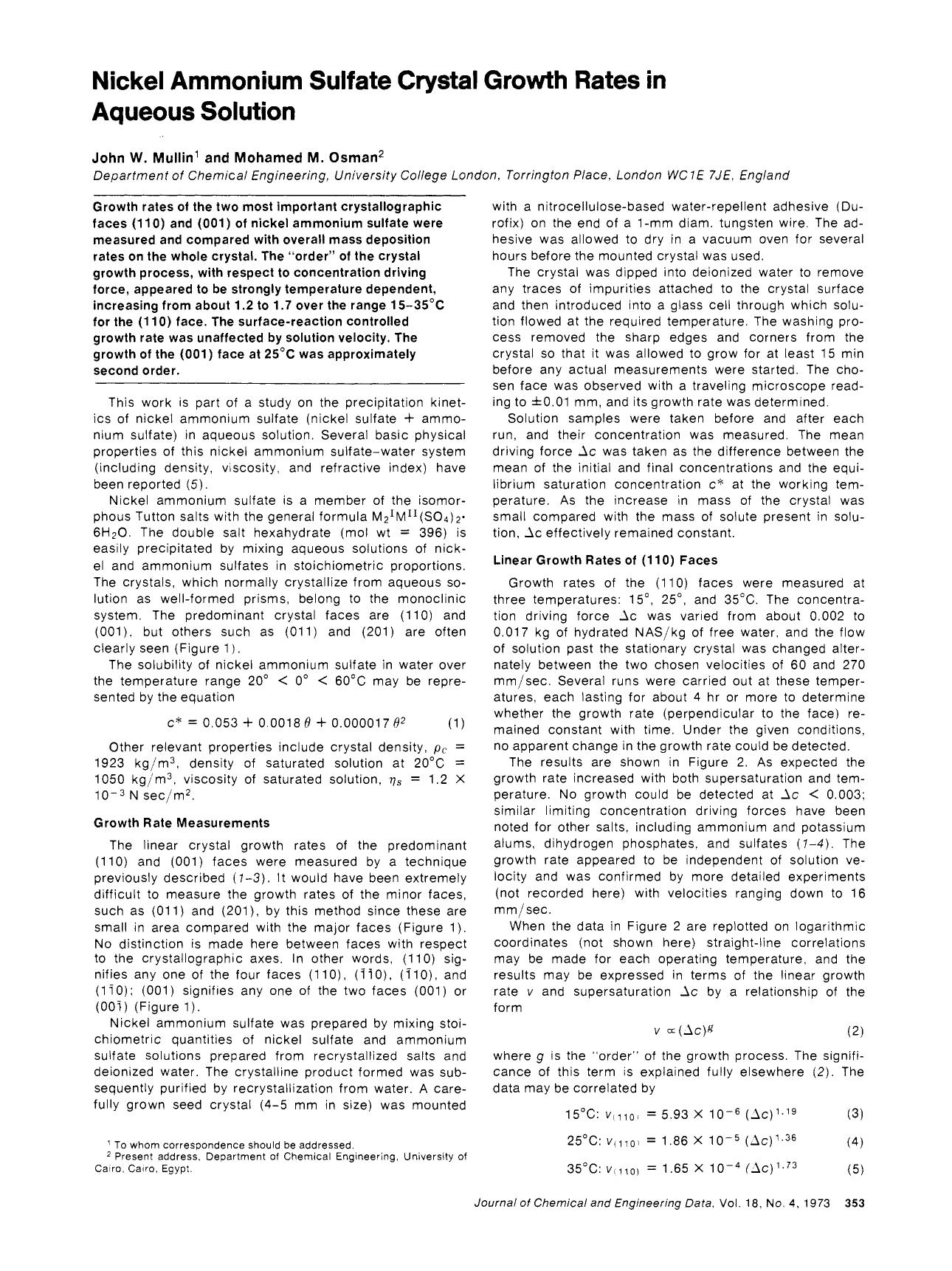 Nickel ammonium sulfate crystal growth rates in aqueous solution by John W. Mullin Mohamed M. Osman