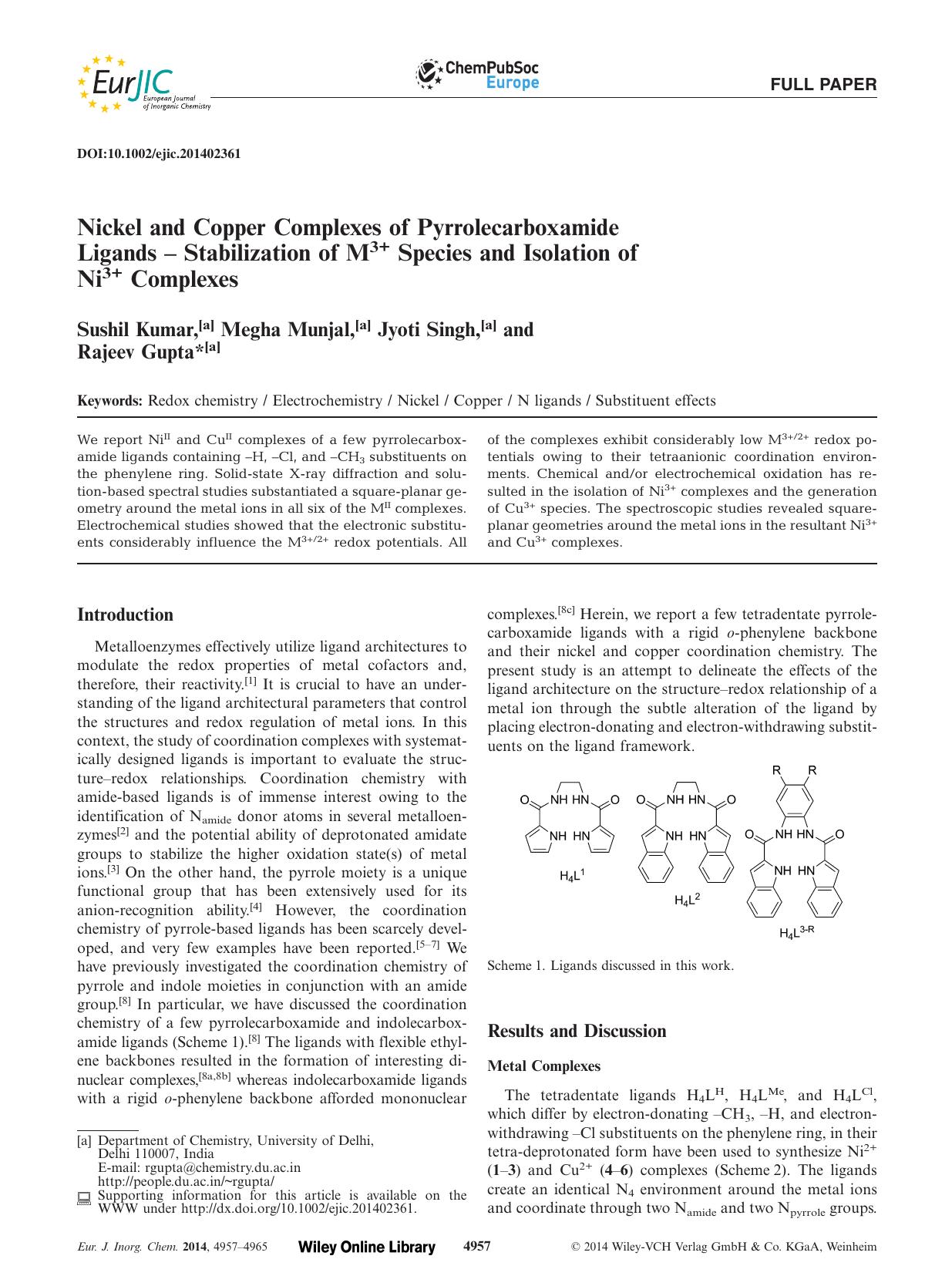 Nickel and Copper Complexes of Pyrrolecarboxamide Ligands Stabilization of M3+ Species and Isolation of Ni3+ Complexes by Unknown