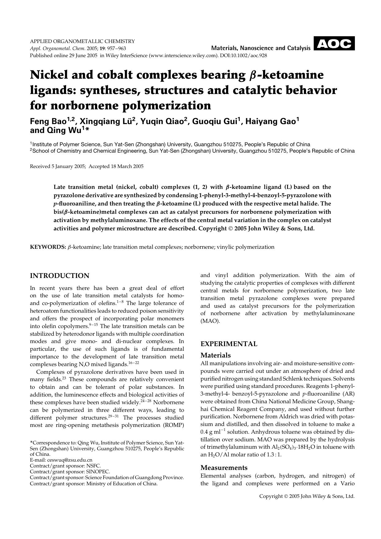Nickel and cobalt complexes bearing [beta]-ketoamine ligands: syntheses, structures and catalytic behavior for norbornene polymerization by Unknown
