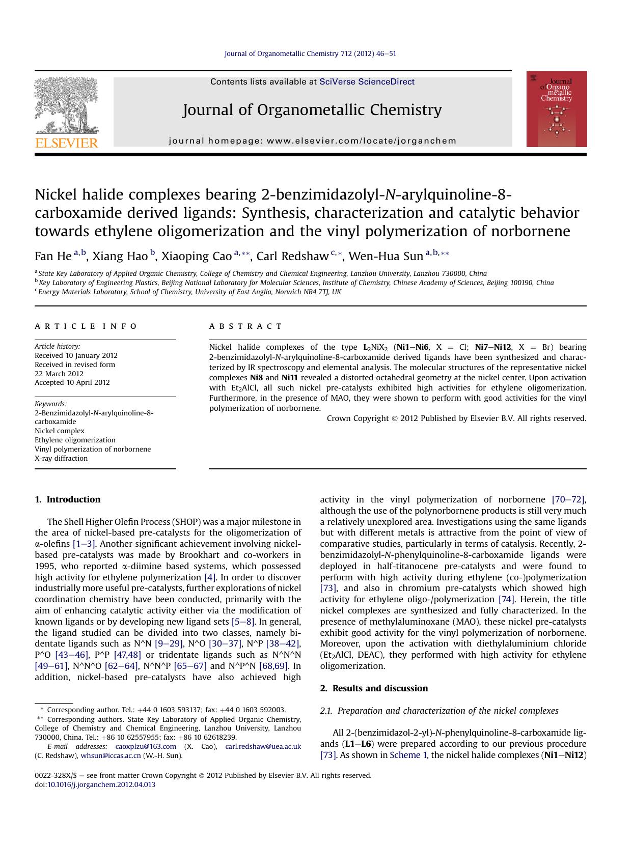 Nickel halide complexes bearing 2-benzimidazolyl-N-arylquinoline-8-carboxamide derived ligands: Synthesis, characterization and catalytic behavior towards ethylene oligomerization by Fan He & Xiang Hao & Xiaoping Cao & Carl Redshaw & Wen-Hua Sun
