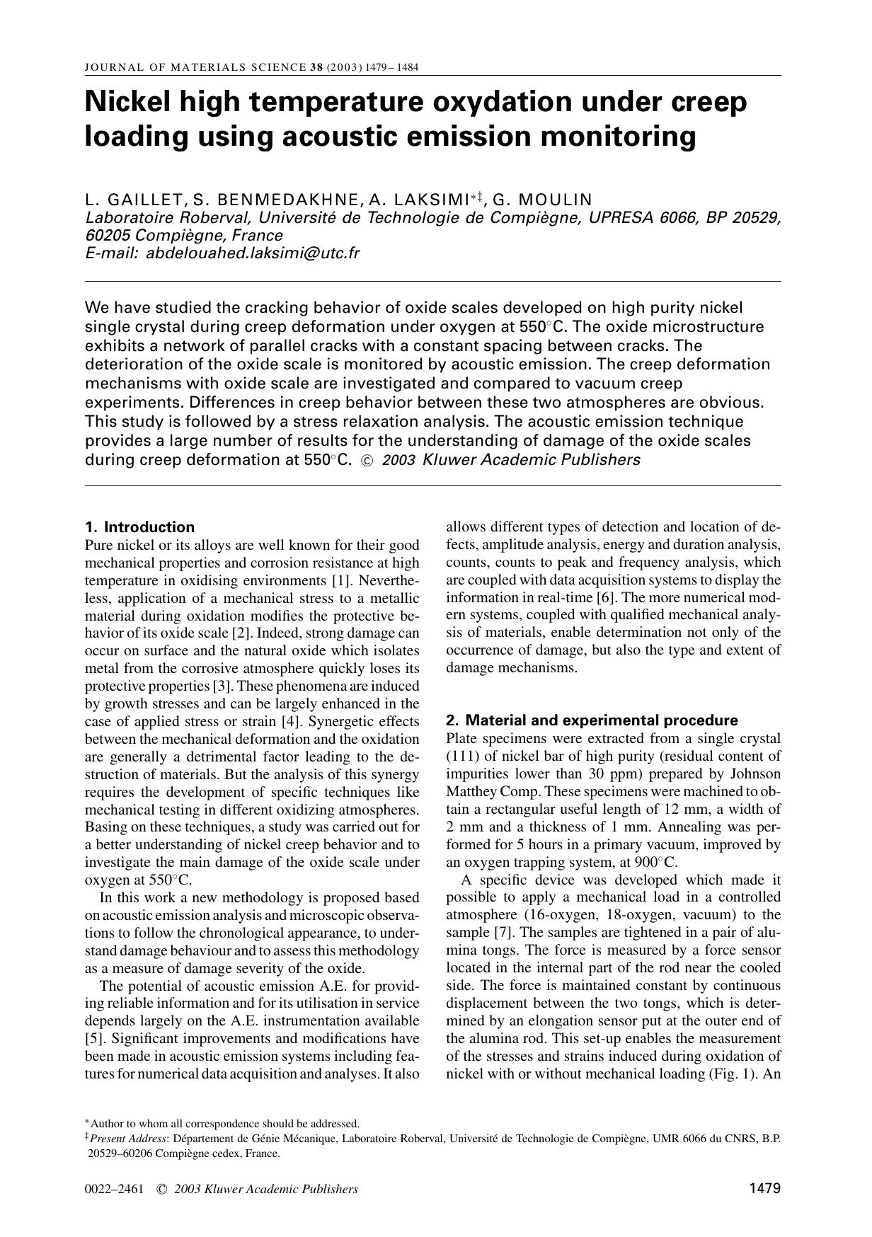 Nickel high temperature oxydation under creep loading using acoustic emission monitoring by Unknown