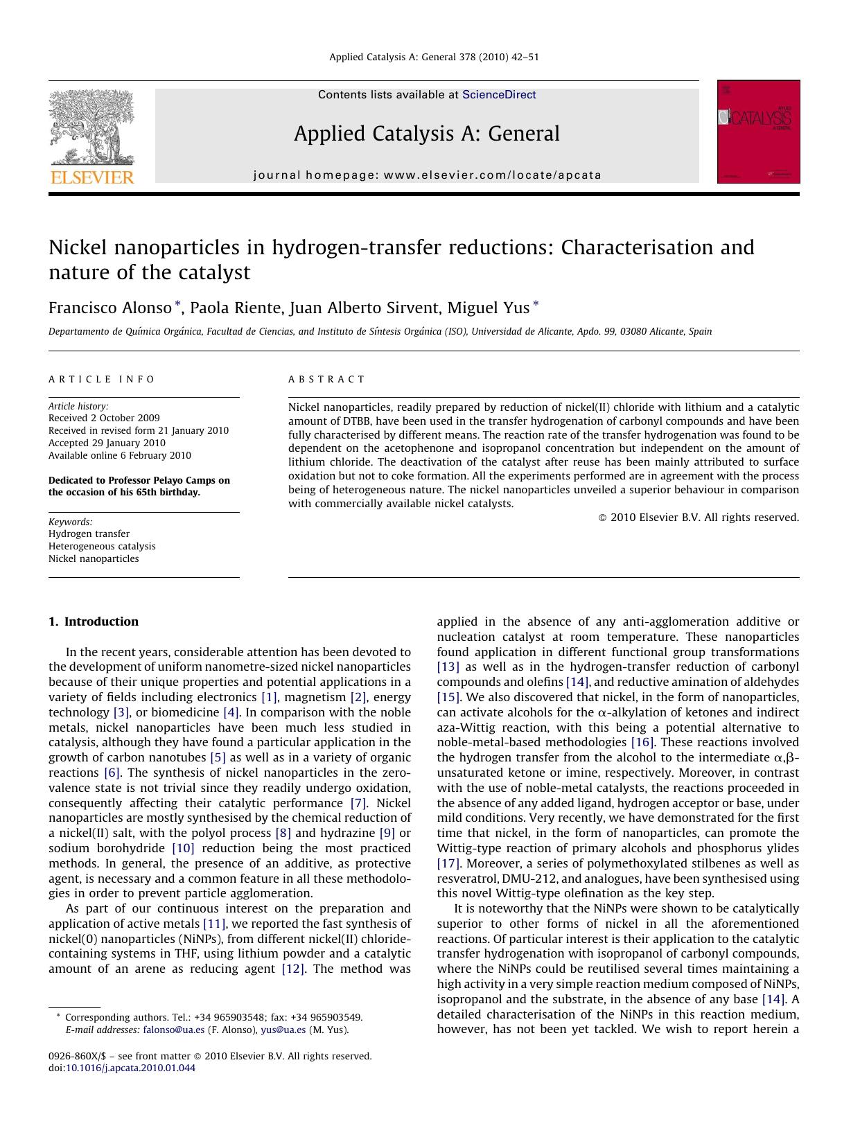 Nickel nanoparticles in hydrogen-transfer reductions: Characterisation and nature of the catalyst by Francisco Alonso; Paola Riente; Juan Alberto Sirvent; Miguel Yus