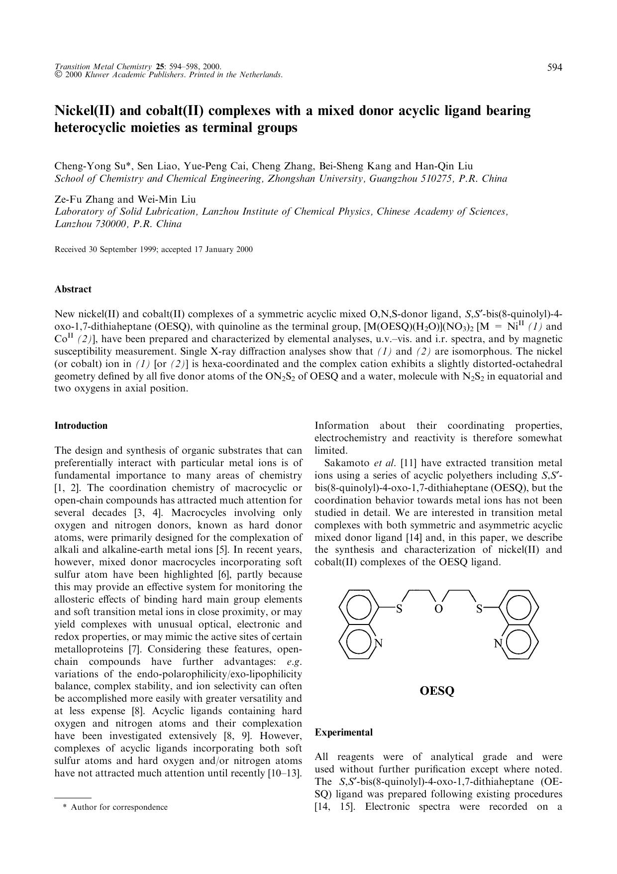 Nickel(II) and cobalt(II) complexes with a mixed donor acyclic ligand bearing heterocyclic moieties as terminal groups by Unknown
