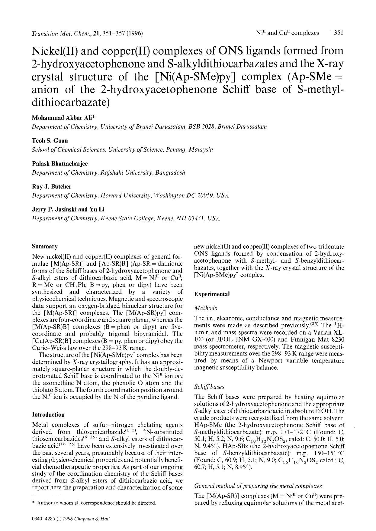 Nickel(II) and copper(II) complexes of ONS ligands formed from 2-hydroxyacetophenone and S-alkyldithiocarbazates and the X-ray crystal structure of the [Ni(Ap-SMe)py] complex (Ap-S by Unknown