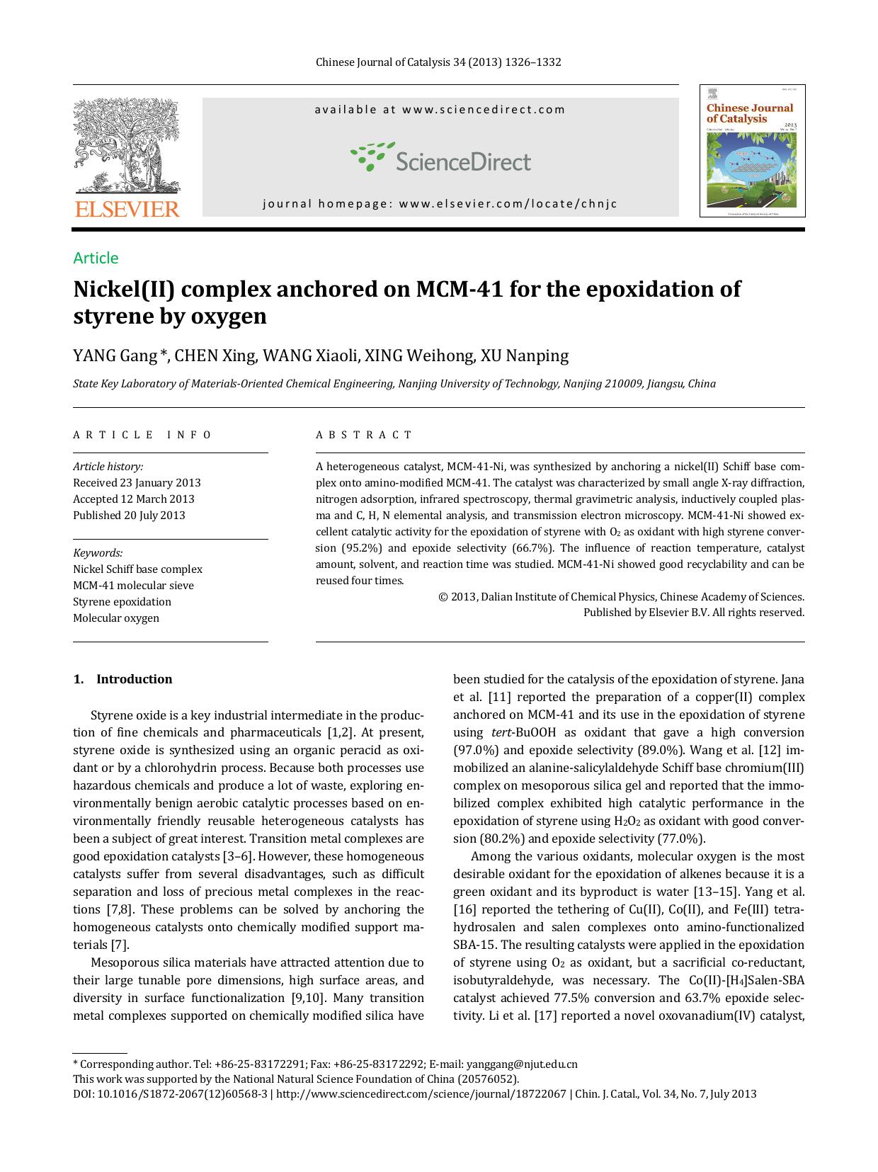 Nickel(II) complex anchored on MCM-41 for the epoxidation of styrene by oxygen by Gang YANG & Xing CHEN & Xiaoli WANG & Weihong XING & Nanping XU