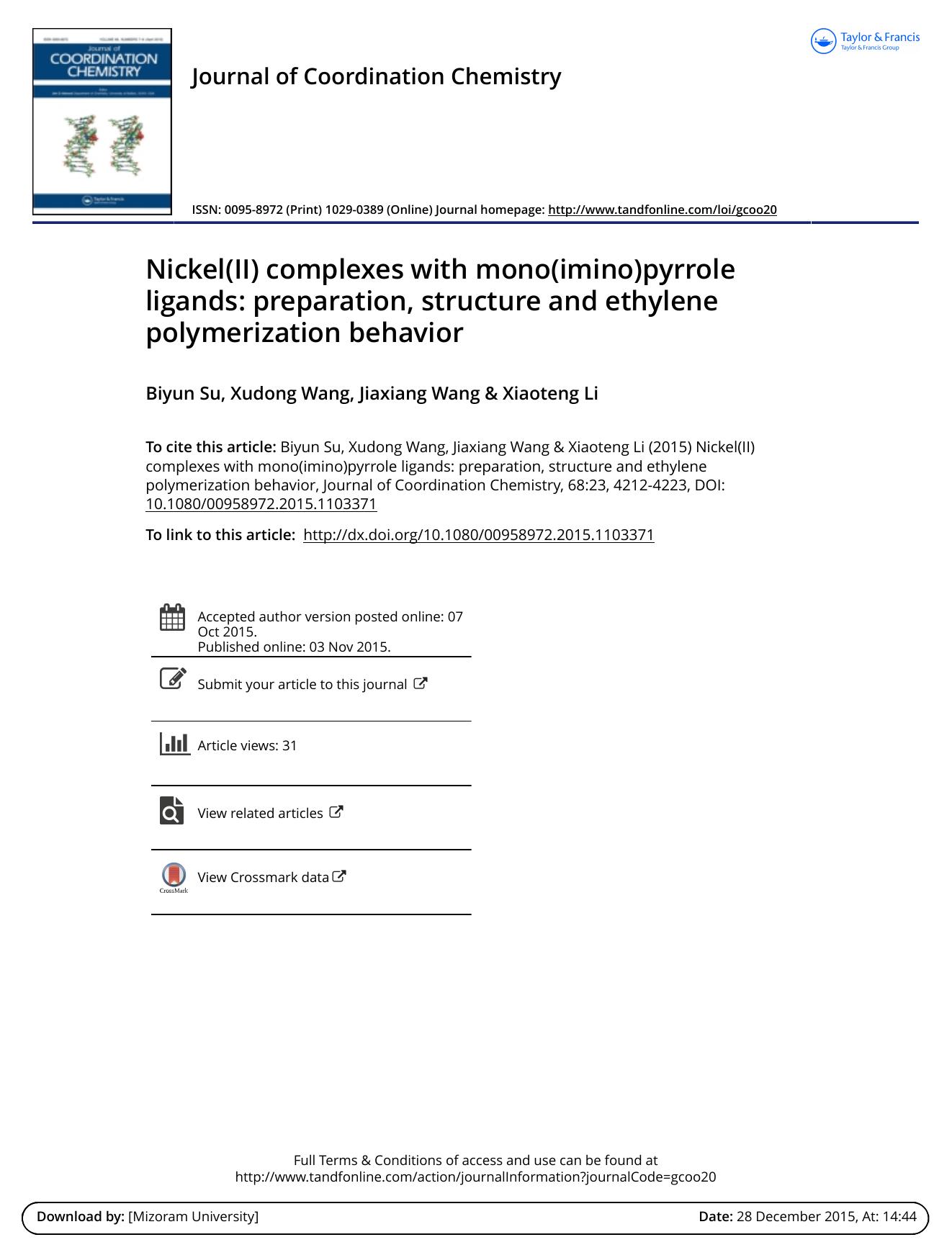 Nickel(II) complexes with mono(imino)pyrrole ligands: preparation, structure and ethylene polymerization behavior by Biyun Su