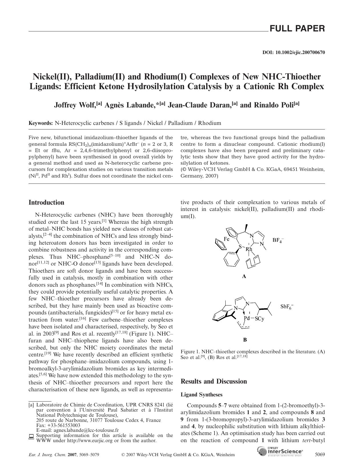 Nickel(II), Palladium(II) and Rhodium(I) Complexes of New NHC-Thioether Ligands: Efficient Ketone Hydrosilylation Catalysis by a Cationic Rh Complex by Unknown