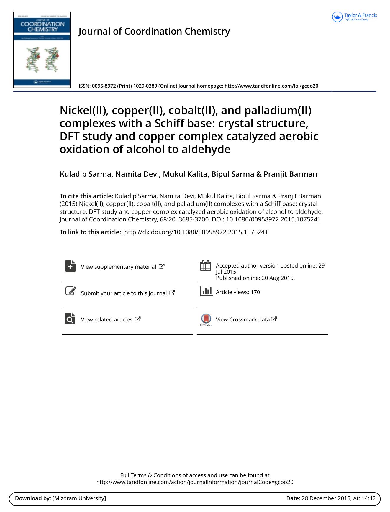 Nickel(II), copper(II), cobalt(II), and palladium(II) complexes with a Schiff base: crystal structure, DFT study and copper complex catalyzed aerobic oxidation of alcohol to aldehyde by Kuladip Sarma