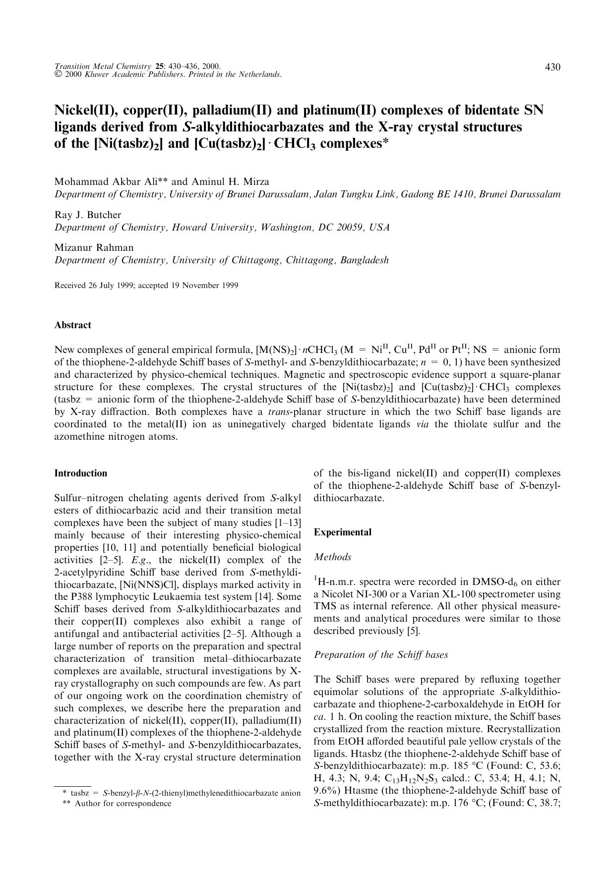 Nickel(II), copper(II), palladium(II) and platinum(II) complexes of bidentate SN ligands derived from S-alkyldithiocarbazates and the X-ray crystal structures of the [Ni(tasbz)2] a by Unknown