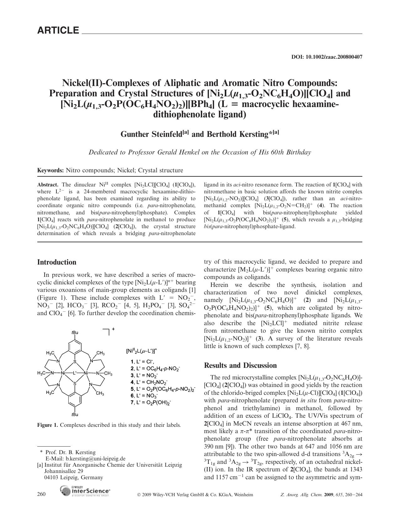 Nickel(II)-Complexes of Aliphatic and Aromatic Nitro Compounds: Preparation and Crystal Structures of [Ni2L(Âµ1,3-O2NC6H4O)][ClO4] and [Ni2L(Âµ1,3-O2P(OC6H4NO2)2)][BPh4] (L = macro by Unknown
