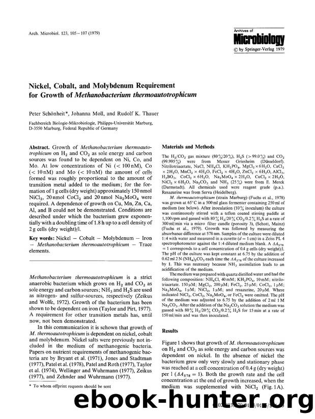 Nickel, cobalt, and molybdenum requirement for growth of <Emphasis Type="Italic">Methanobacterium thermoautotrophicum<Emphasis> by Unknown