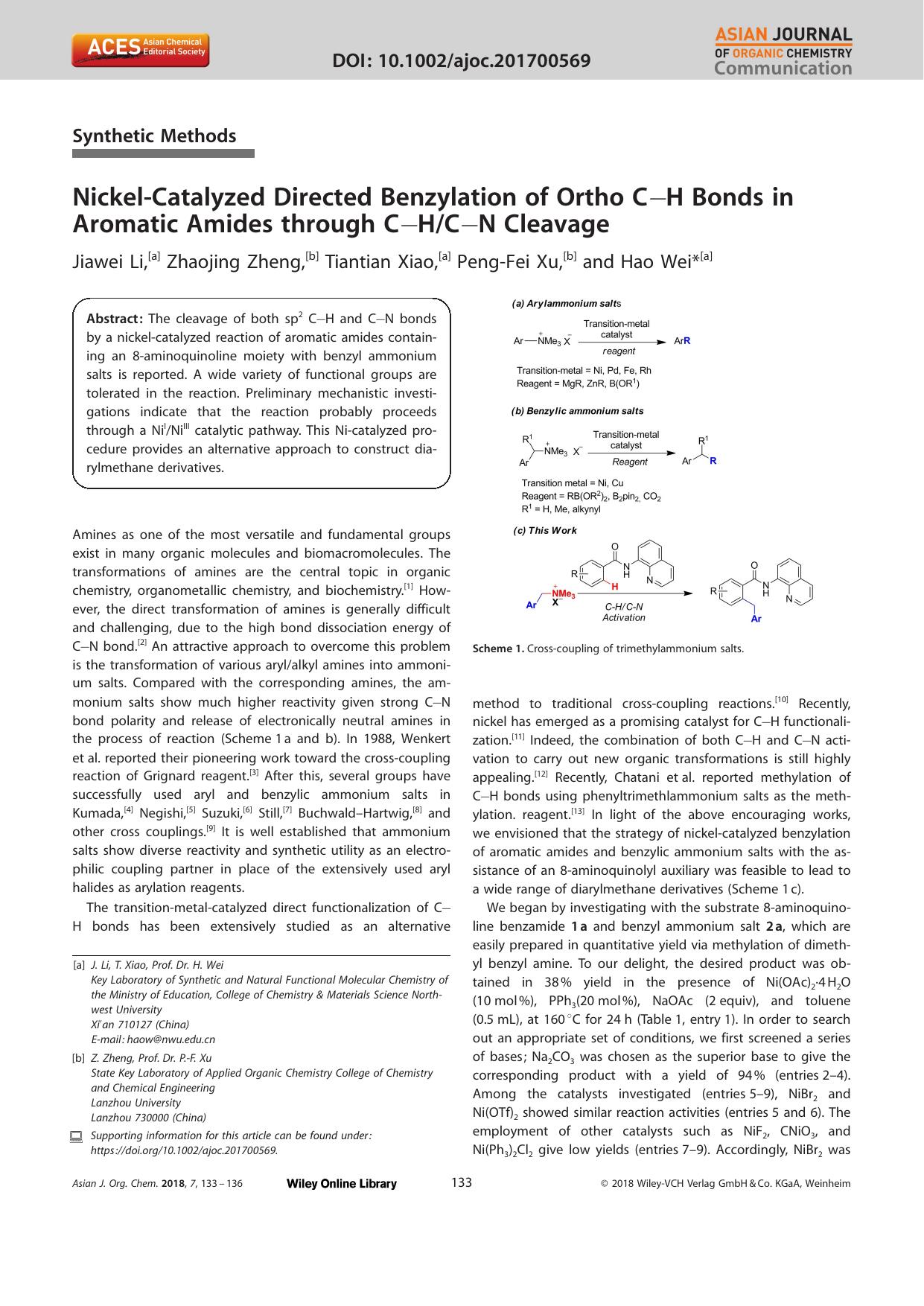 NickelâCatalyzed Directed Benzylation of Ortho CâH Bonds in Aromatic Amides through CâHCâN Cleavage by Unknown