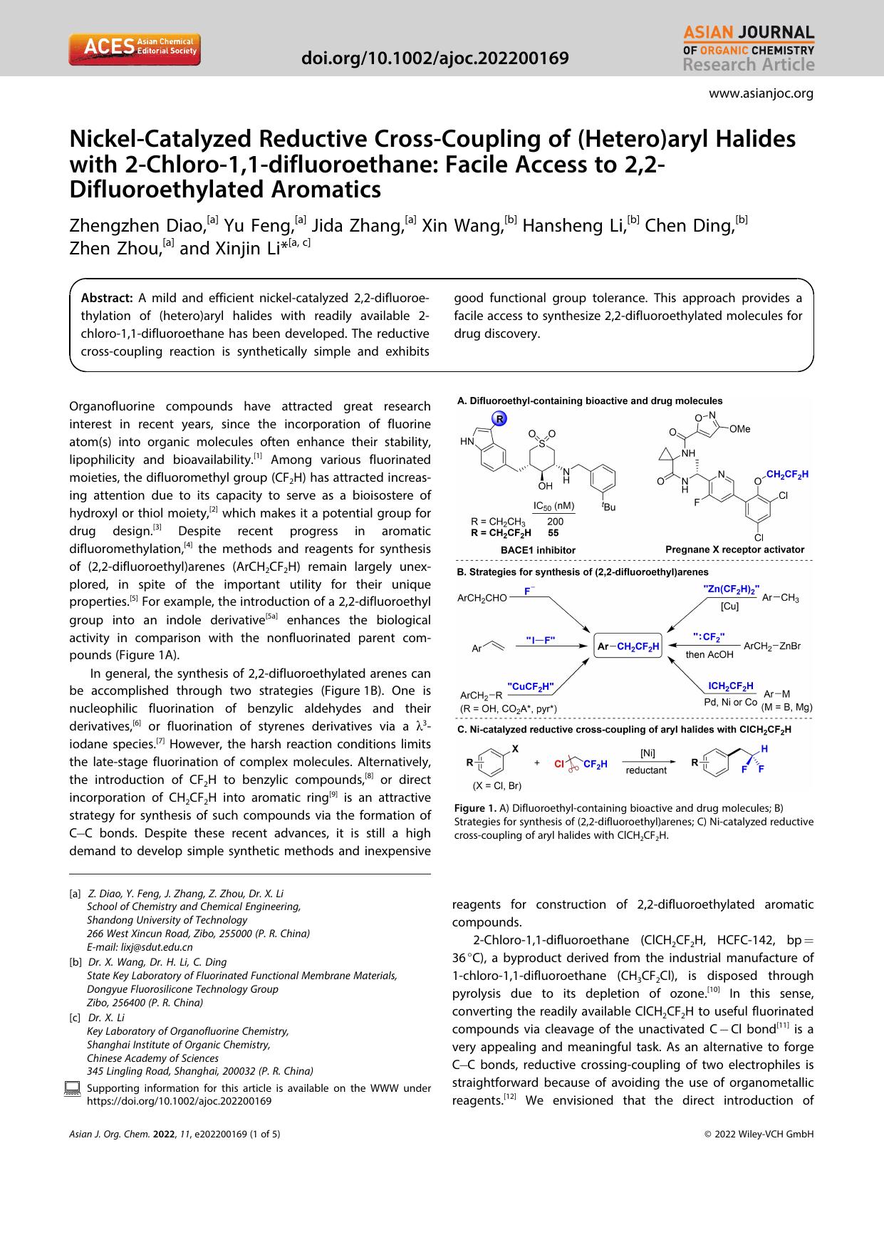 NickelâCatalyzed Reductive CrossâCoupling of (Hetero)aryl Halides with 2âChloroâ1,1âdifluoroethane: Facile Access to 2,2âDifluoroethylated Aromatics by Unknown