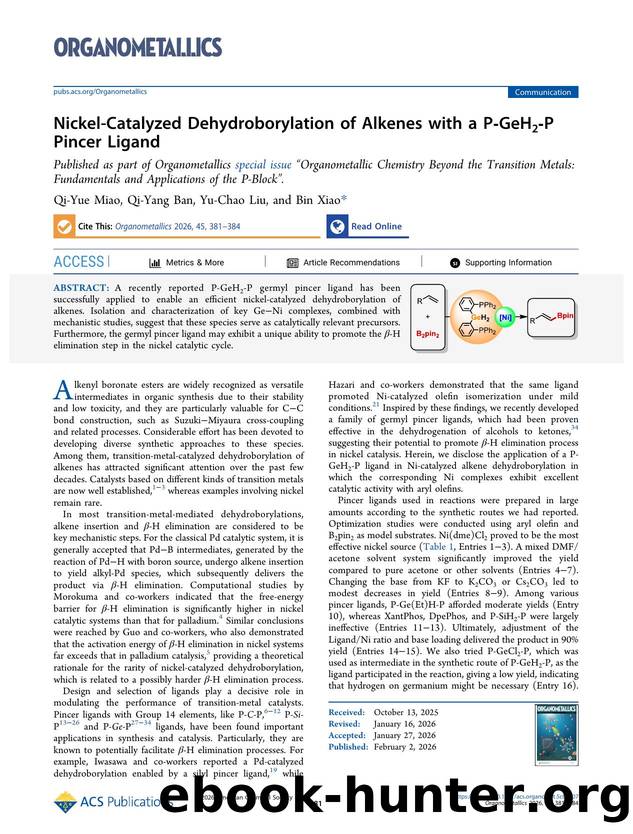 Nickel-Catalyzed Dehydroborylation of Alkenes with a P-GeH2-P Pincer Ligand by Qi-Yue Miao Qi-Yang Ban Yu-Chao Liu and Bin Xiao