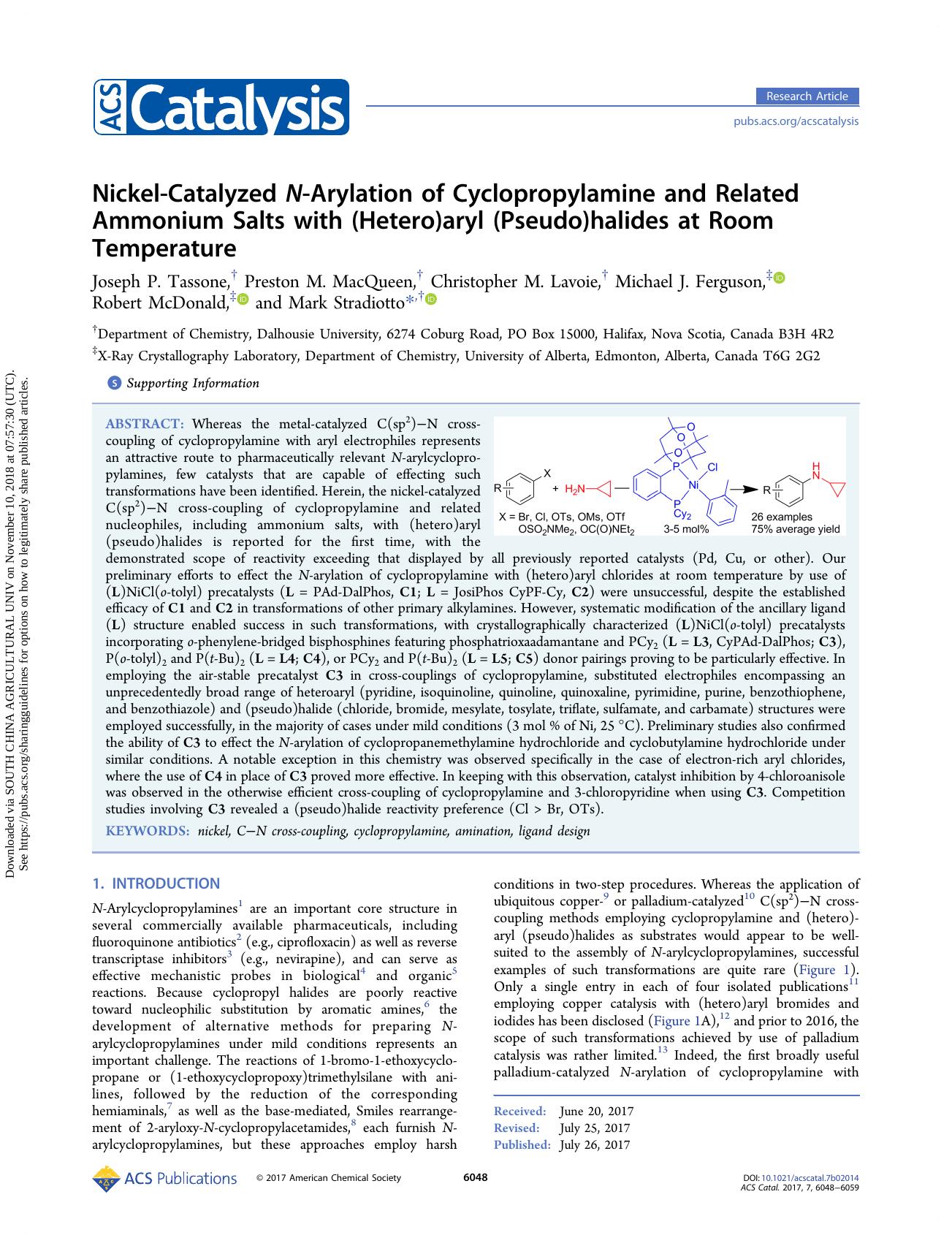Nickel-Catalyzed N-Arylation of Cyclopropylamine and Related Ammonium Salts with (Hetero)aryl (Pseudo)halides at Room Temperature by unknow