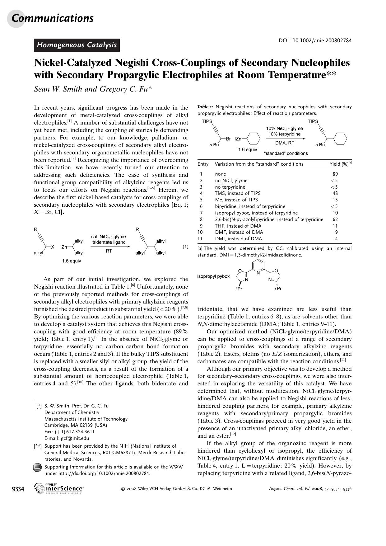 Nickel-Catalyzed Negishi Cross-Couplings of Secondary Nucleophiles with Secondary Propargylic Electrophiles at Room Temperature by Unknown