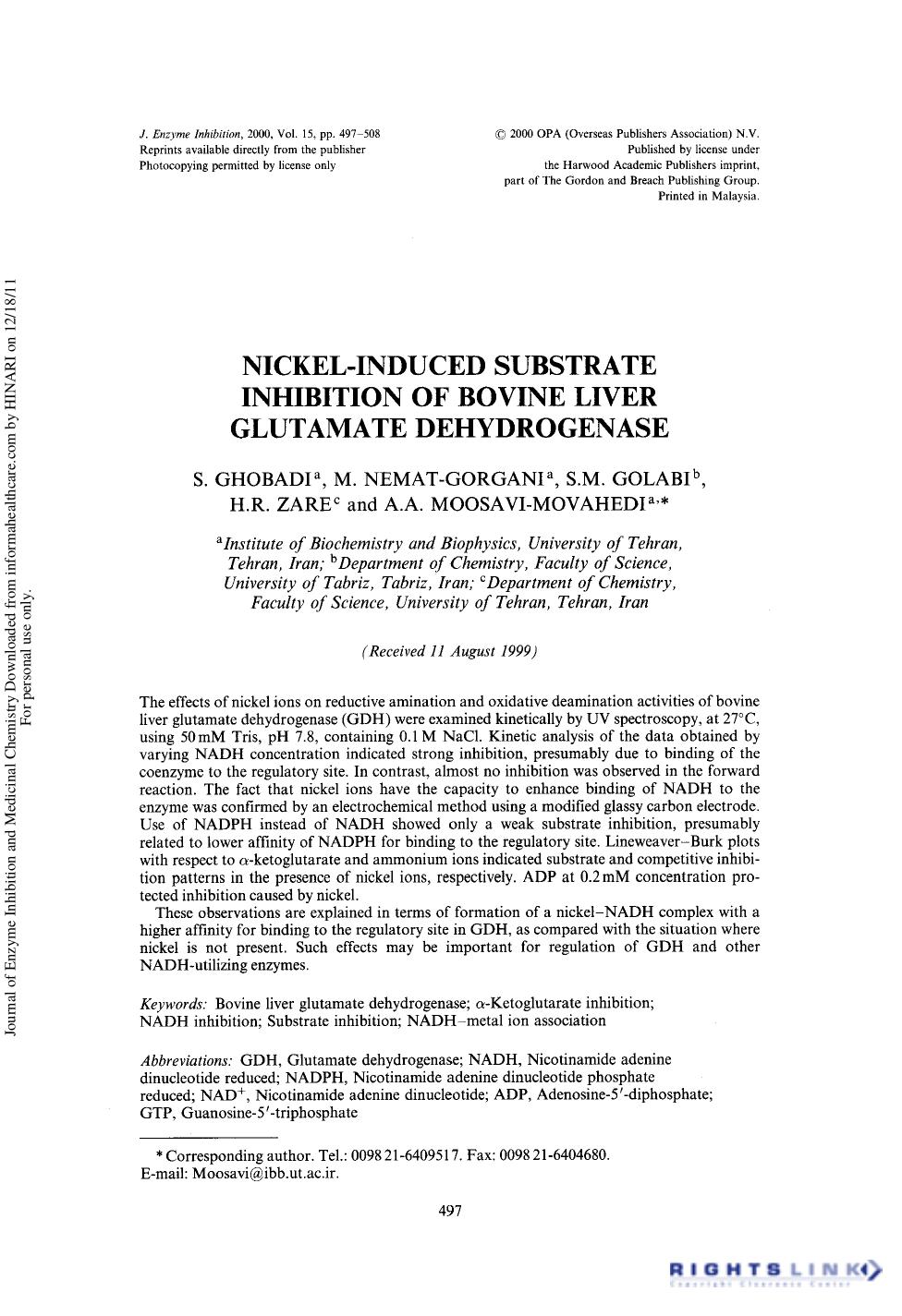 Nickel-Induced Substrate Inhibition of Bovine Liver Glutamate Dehydrogenase by S. Ghobadi M. Nemat-Gorgani S. M. Golabi H. R. Zare & A. A. Moosavi-Movahedi