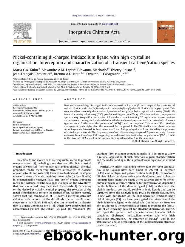 Nickel-containing di-charged imidazolium ligand with high crystalline organization. Interception and characterization of a transient carbenecation species by unknow