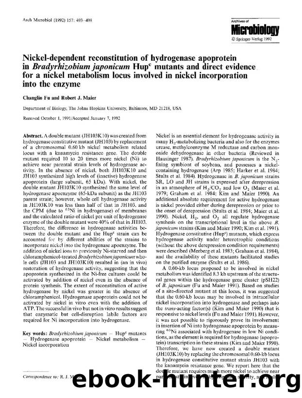 Nickel-dependent reconstitution of hydrogenase apoprotein in <Emphasis Type="Italic">Bradyrhizobium japonicum<Emphasis> Hup<Superscript>c<Superscript> mutants and direct evidence f by Unknown