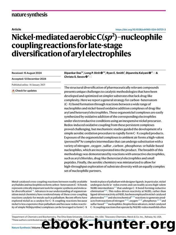Nickel-mediated aerobic C(sp2)ânucleophile coupling reactions for late-stage diversification of aryl electrophiles by Dipankar Das & Long P. Dinh & Ryan E. Smith & Dipannita Kalyani & Christo S. Sevov