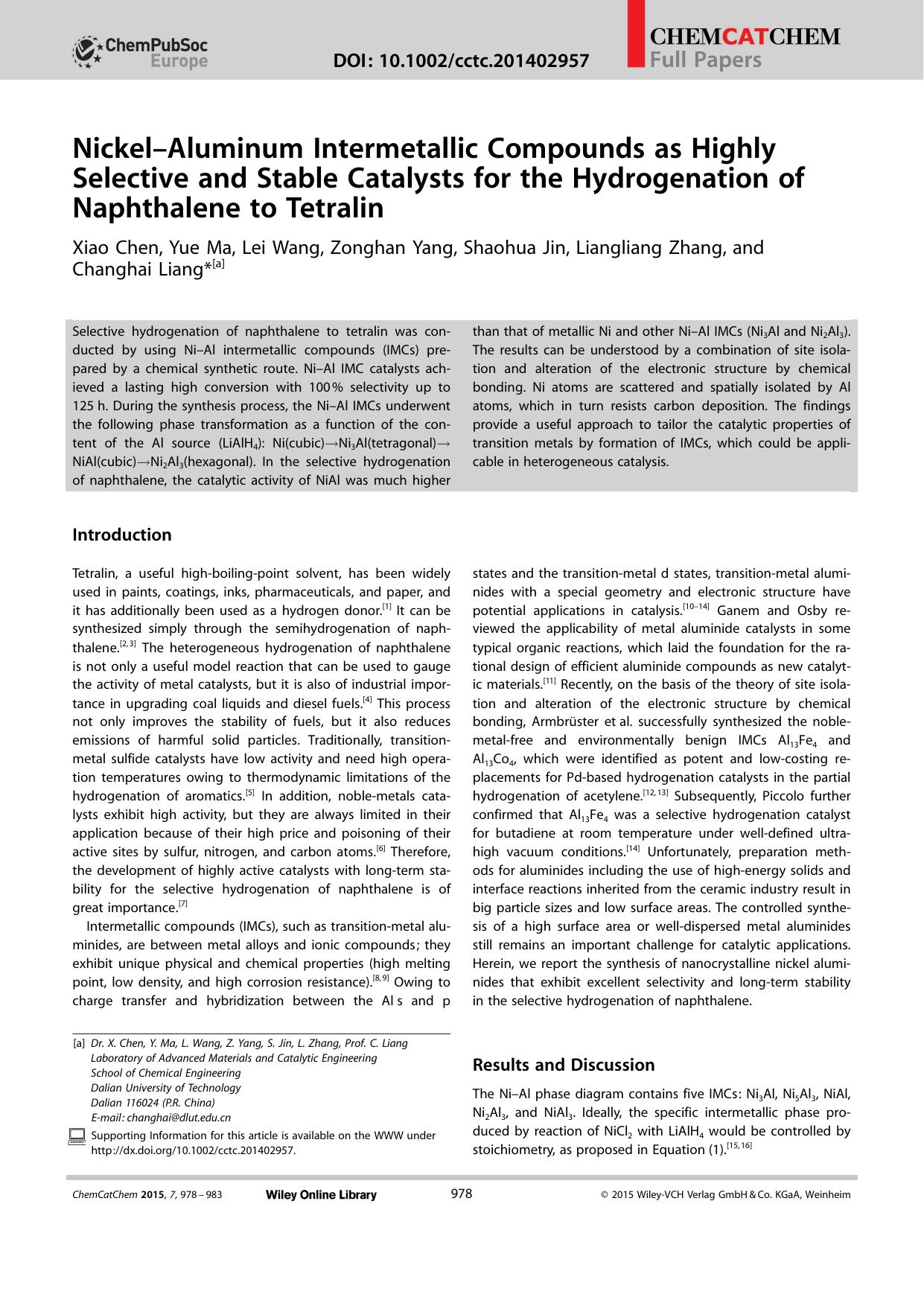 NickelAluminum Intermetallic Compounds as Highly Selective and Stable Catalysts for the Hydrogenation of Naphthalene to Tetralin by Unknown