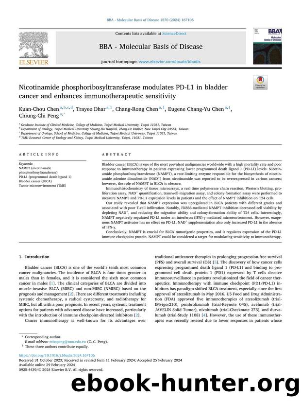 Nicotinamide phosphoribosyltransferase modulates PD-L1 in bladder cancer and enhances immunotherapeutic sensitivity by Kuan-Chou Chen & Trayee Dhar & Chang-Rong Chen & Eugene Chang-Yu Chen & Chiung-Chi Peng