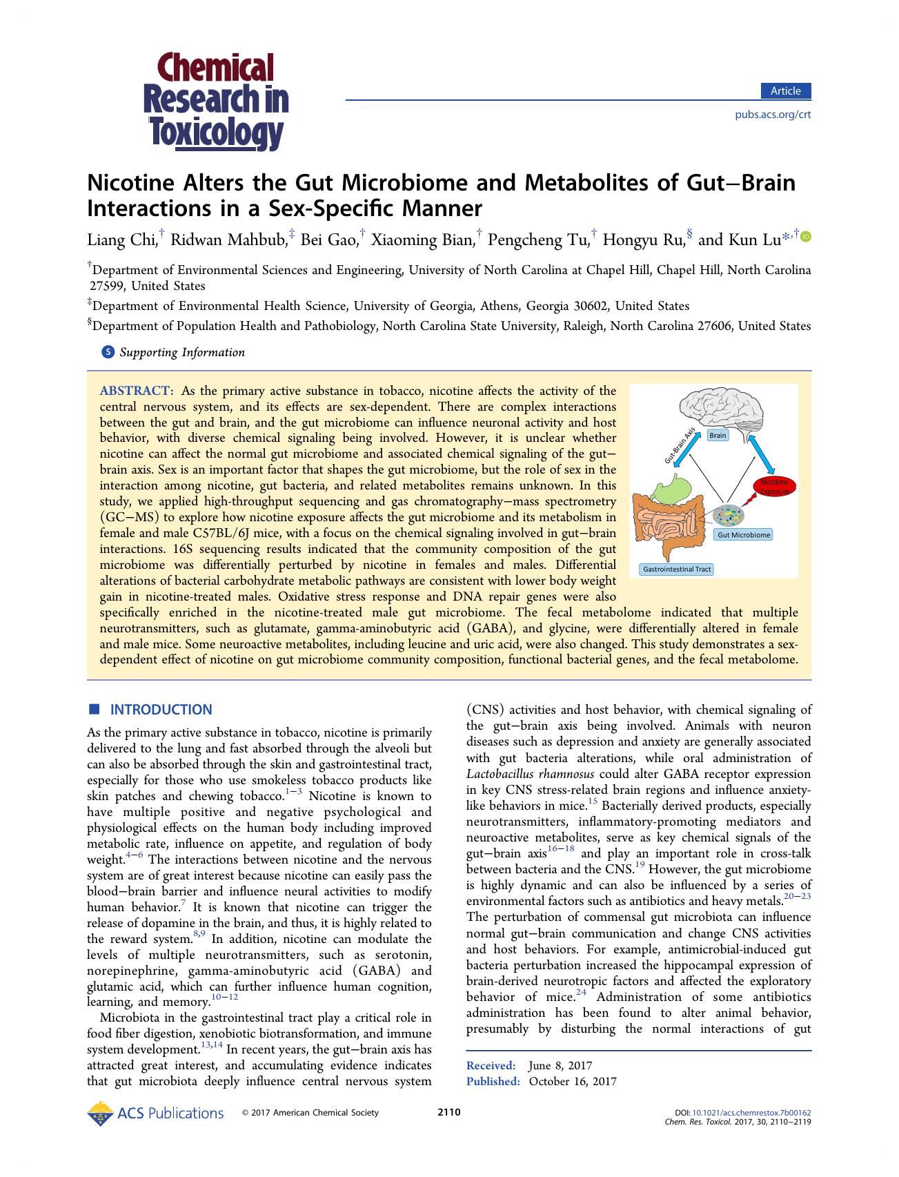 Nicotine Alters the Gut Microbiome and Metabolites of GutâBrain Interactions in a Sex-Specific Manner by Liang Chi Ridwan Mahbub Bei Gao Xiaoming Bian Pengcheng Tu Hongyu Ru and Kun Lu