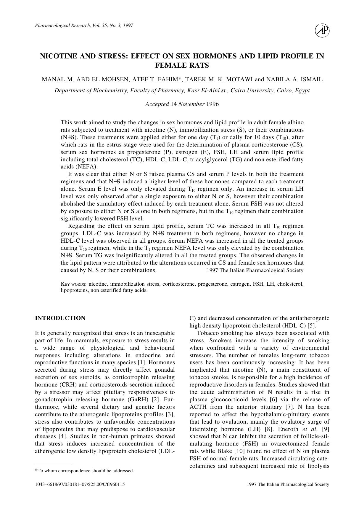 Nicotine and Stress: Effects on Sex Hormones and Lipid Profile in Female Rats by Abd El Mohsen M. M. et al