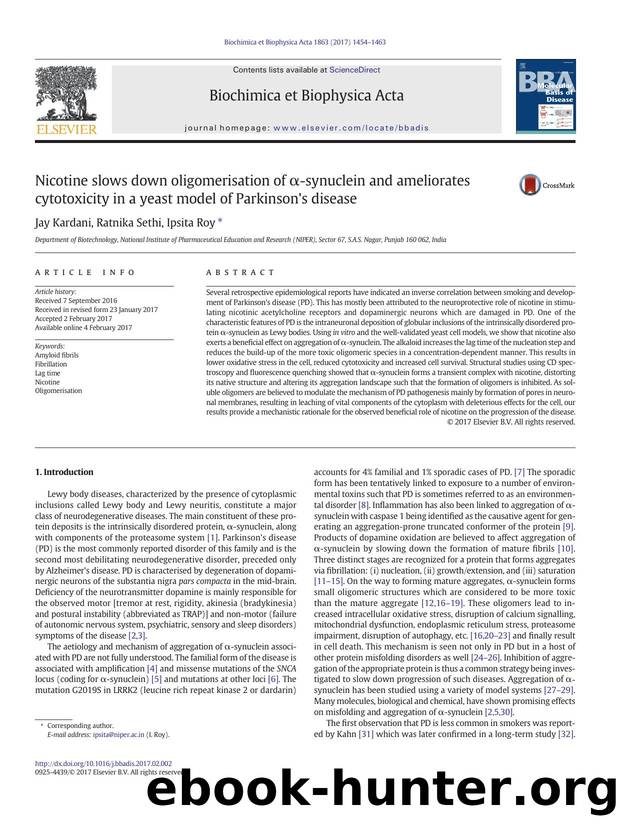 Nicotine slows down oligomerisation of ÃÂ±-synuclein and ameliorates cytotoxicity in a yeast model of Parkinson's disease by Jay Kardani & Ratnika Sethi & Ipsita Roy