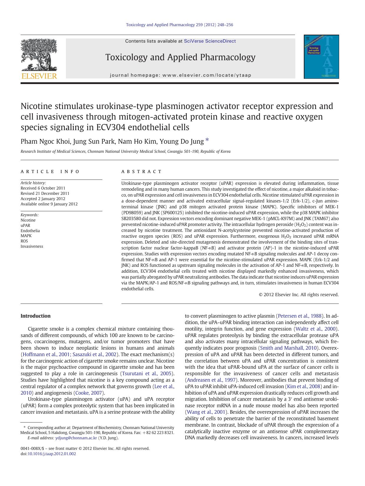 Nicotine stimulates urokinase-type plasminogen activator receptor expression and cell invasiveness through mitogen-activated protein kinase and reactive oxygen species signaling in by Pham Ngoc Khoi & Jung Sun Park & Nam Ho Kim & Young Do Jung