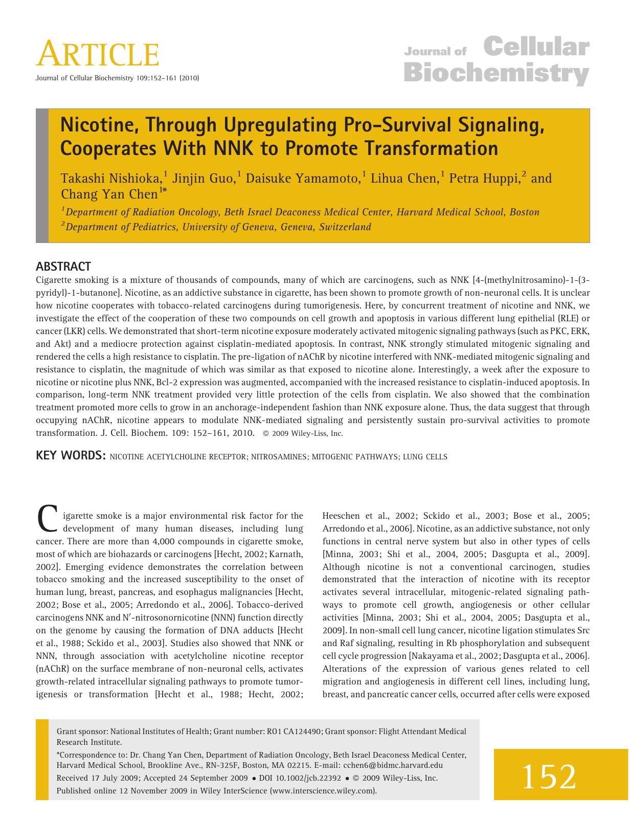 Nicotine, through upregulating pro-survival signaling, cooperates with NNK to promote transformation by Unknown