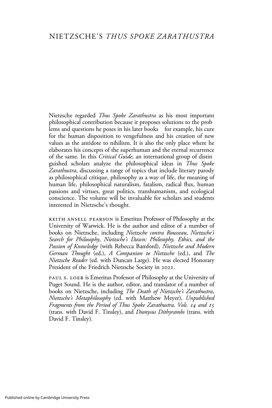 Nietzsche's âThus Spoke Zarathustra': A Critical Guide by Keith Ansell-Pearson Paul S. Loeb