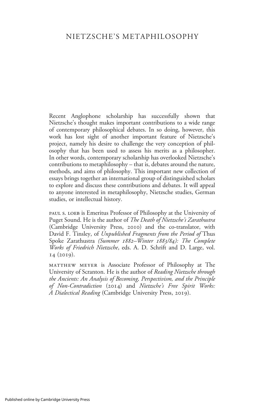 Nietzsche's Metaphilosophy: The Nature, Method, and Aims of Philosophy by Paul S. Loeb Matthew Meyer