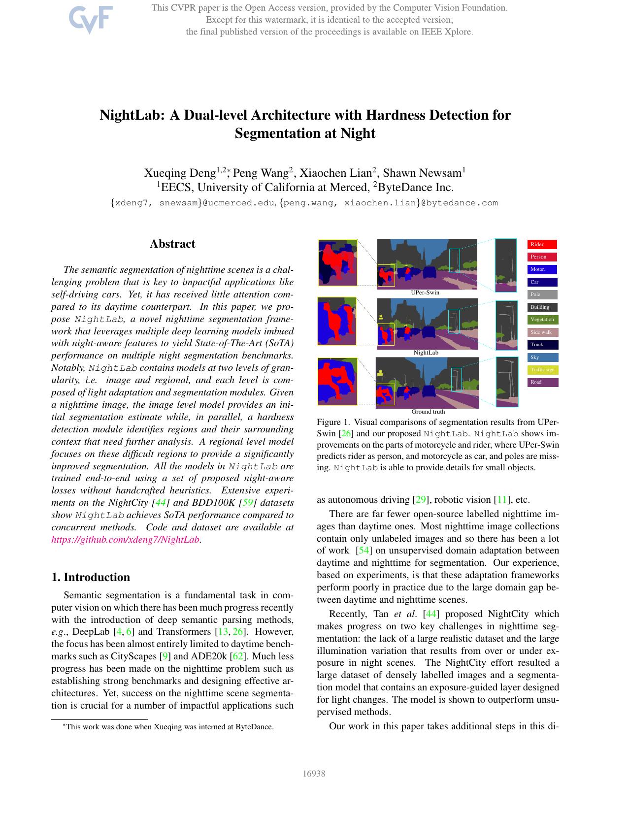 NightLab: A Dual-Level Architecture With Hardness Detection for Segmentation at Night by Xueqing Deng & Peng Wang & Xiaochen Lian & Shawn Newsam