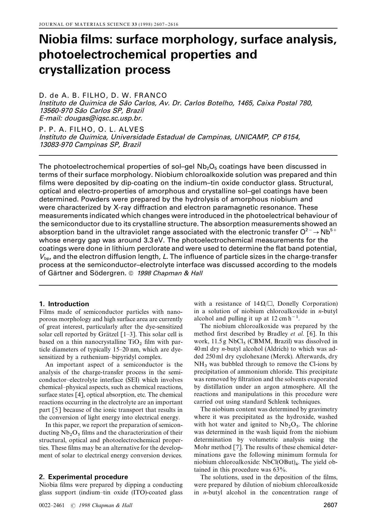 Niobia films: surface morphology, surface analysis, photoelectrochemical properties and crystallization process by Unknown