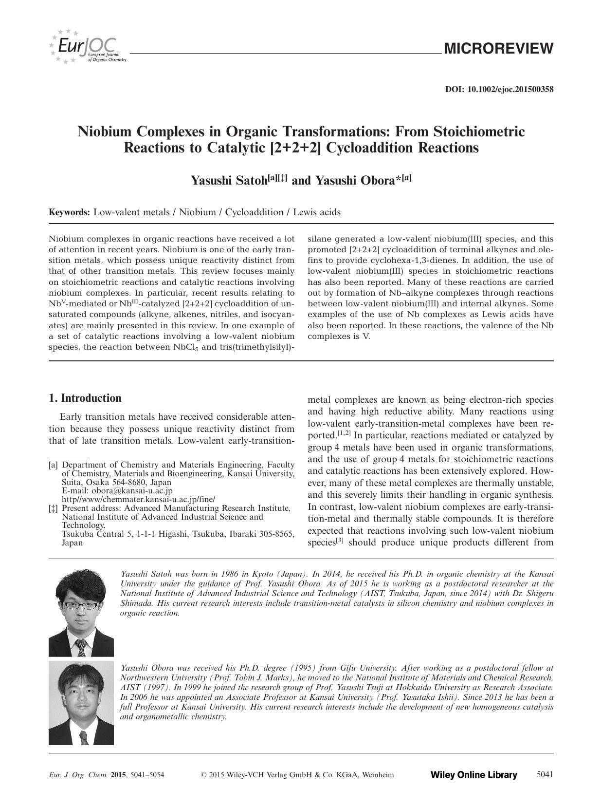 Niobium Complexes in Organic Transformations: From Stoichiometric Reactions to Catalytic [2+2+2] Cycloaddition Reactions by Unknown