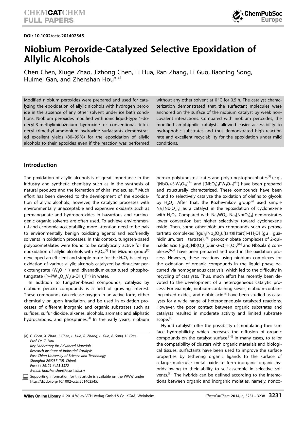 Niobium PeroxideCatalyzed Selective Epoxidation of Allylic Alcohols by Unknown