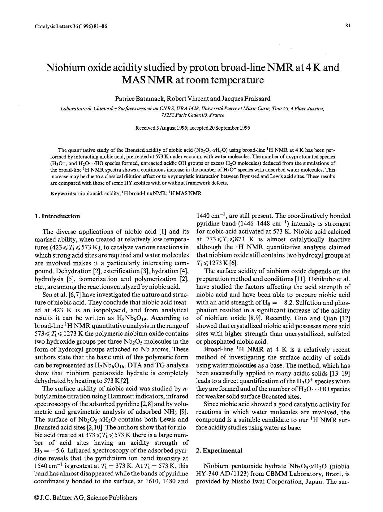 Niobium oxide acidity studied by proton broad-line NMR at 4 K and MAS NMR at room temperature by Unknown