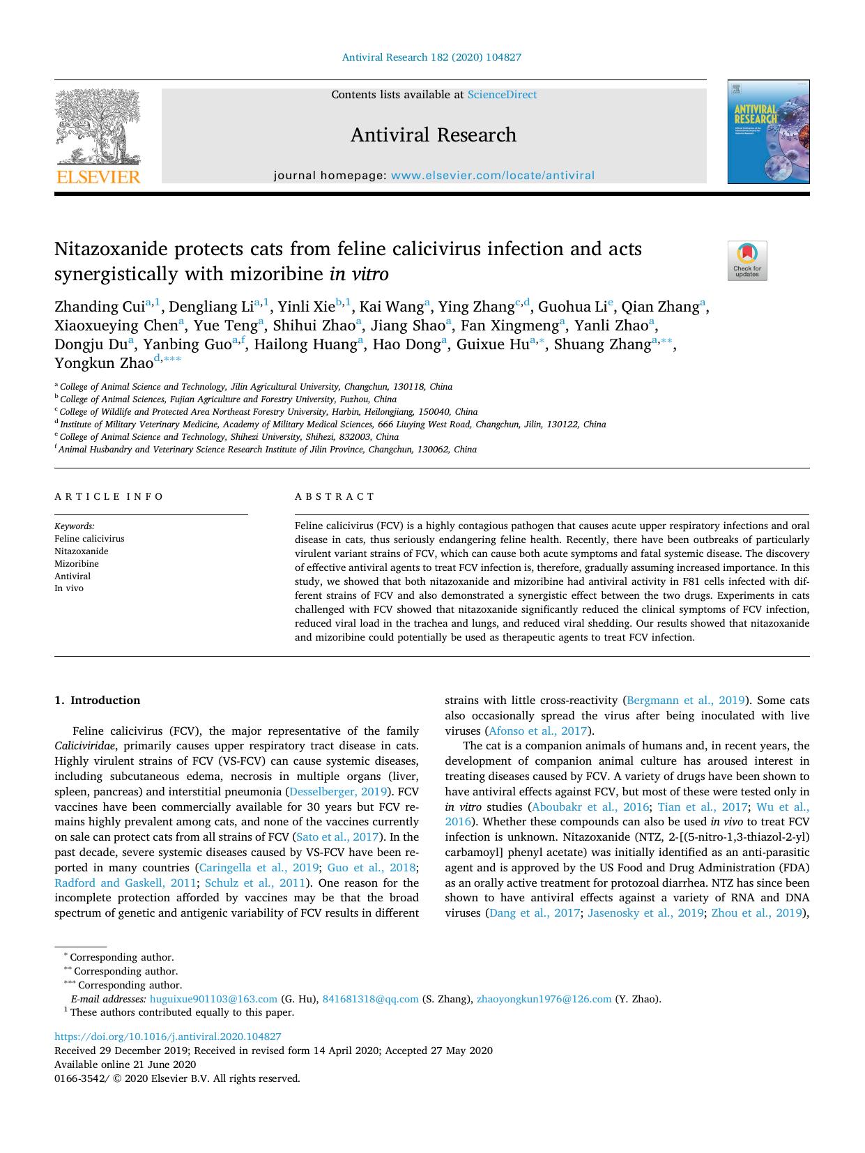 Nitazoxanide protects cats from feline calicivirus infection and acts synergistically with mizoribine in vitro by unknow