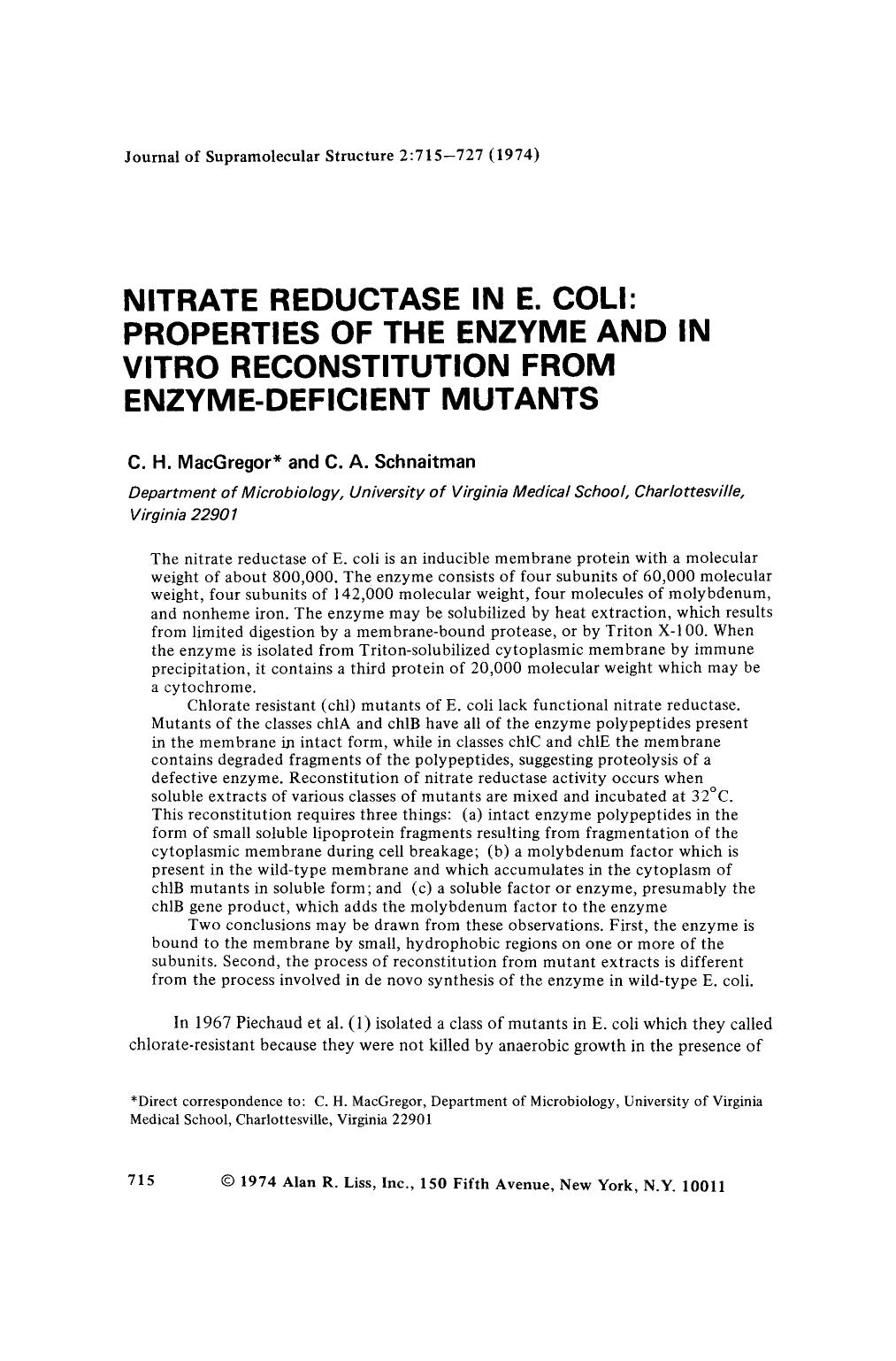Nitrate reductase in E. coli: Properties of the enzyme and in vitro reconstitution from enzyme-deficient mutants by Unknown