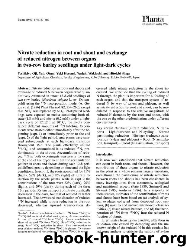 Nitrate reduction in root and shoot and exchange of reduced nitrogen between organs in two-row barley seedlings under light-dark cycles by Unknown