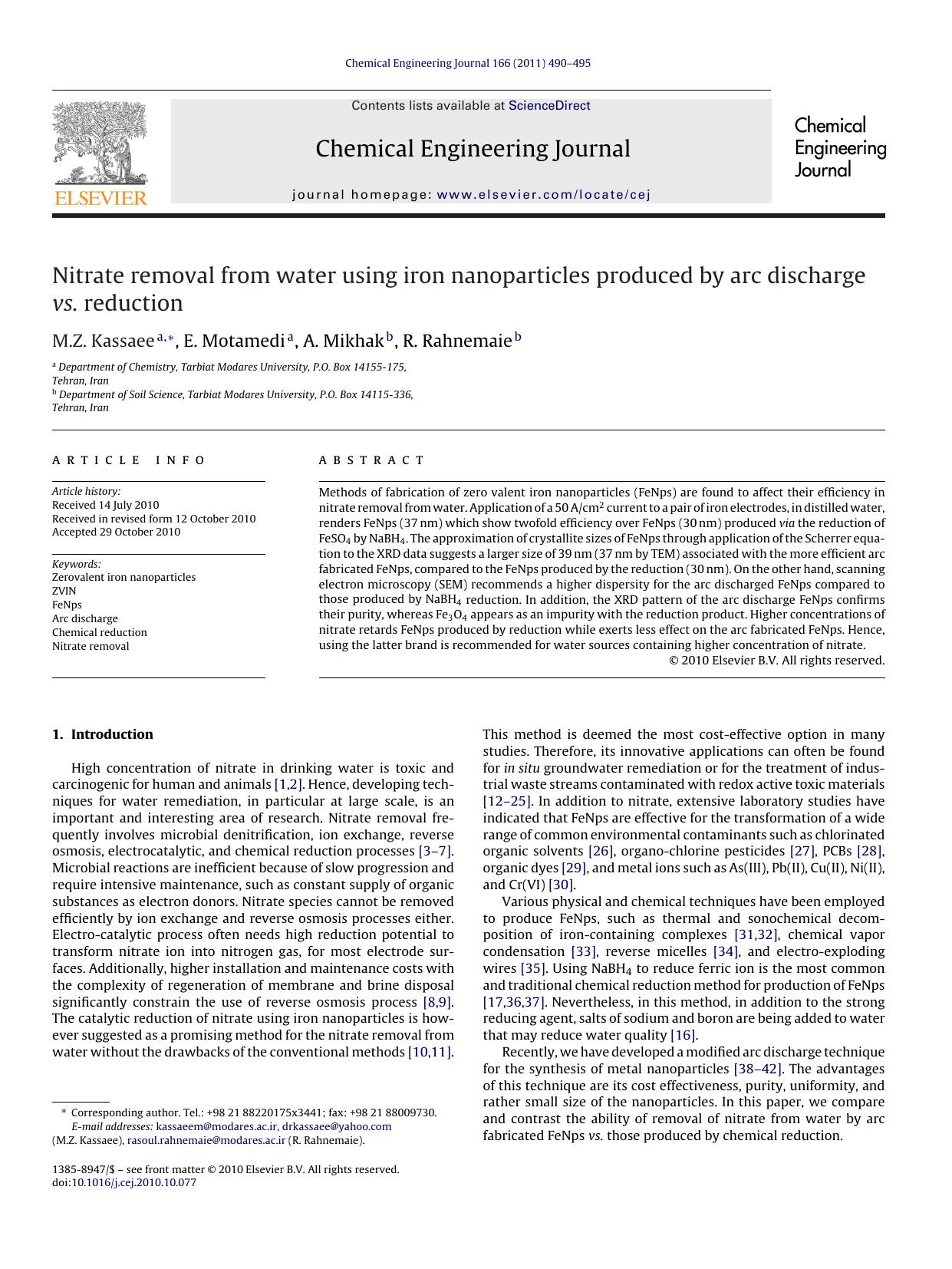 Nitrate removal from water using iron nanoparticles produced by arc discharge vs. reduction by M.Z. Kassaee